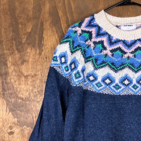 Old Navy Womens Sweater Blue Festive Fair Isle Knitted Wool Blend Small - Picture 4 of 12